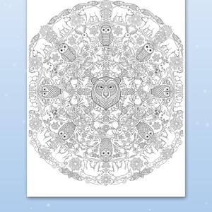 May include: A black and white coloring page featuring a circular mandala design with a central bear head surrounded by concentric rings of owls, polar bears, rabbits, fish, and snowflakes. The text "Cute scenes kids love" is at the bottom.