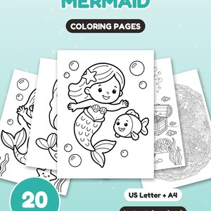 May include: A set of 20 mermaid coloring pages featuring black and white line art of mermaids, fish, treasure chests, and coral reefs. The text reads MERMAID COLORING PAGES, 20 PAGES, US Letter + A4, and Instant download.