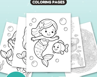 以下が含まれることがあります： 人魚、魚、宝箱、サンゴ礁の白黒線画が描かれた20枚の人魚の塗り絵セット。テキストには「MERMAID COLORING PAGES」、「20 PAGES」、「US Letter + A4」、「Instant download」と記載されています。