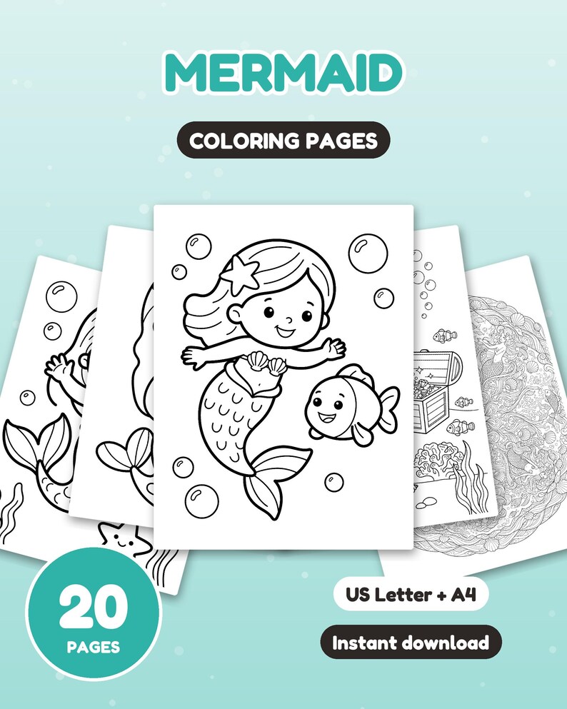May include: A set of 20 mermaid coloring pages featuring black and white line art of mermaids, fish, treasure chests, and coral reefs. The text reads MERMAID COLORING PAGES, 20 PAGES, US Letter + A4, and Instant download.