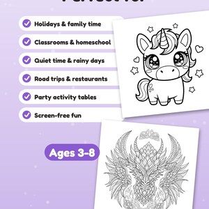 Peut inclure: Un ensemble de pages &agrave; colorier avec une illustration de licorne en noir et blanc et un dessin de dragon d&eacute;taill&eacute;. Le texte indique Perfect for, Holidays & family time, Classrooms & homeschool, Quiet time & rainy days, Road trips & restaurants, Party activity tables, Screen-free fun, et Ages 3-8.