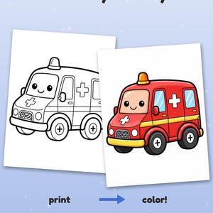 May include: A colouring page featuring a cartoon ambulance with the text Colour it your way! at the top and print colour! at the bottom. The image displays a black and white line art version of the ambulance alongside a fully coloured red version.