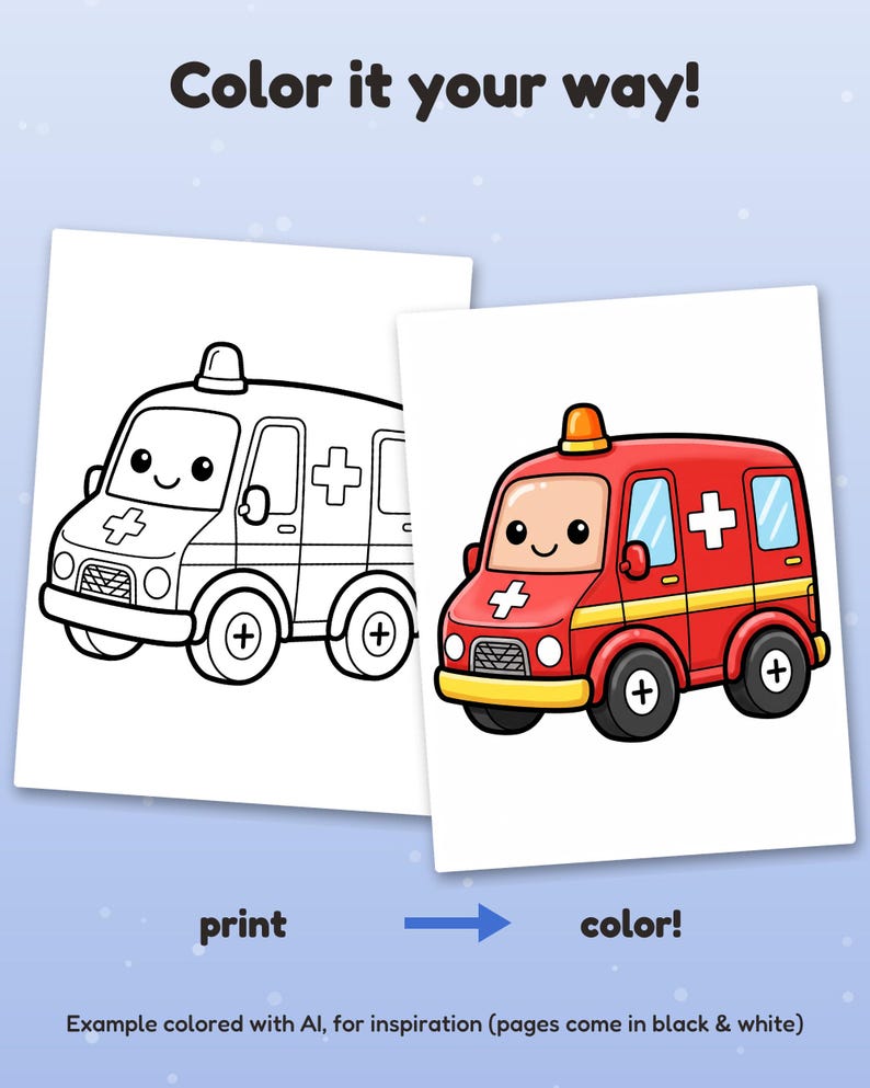 May include: A colouring page featuring a cartoon ambulance with the text Colour it your way! at the top and print colour! at the bottom. The image displays a black and white line art version of the ambulance alongside a fully coloured red version.