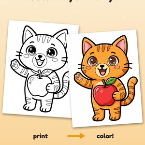 May include: Two coloring pages featuring a cartoon cat holding an apple. One page is black and white line art, the other is colored orange with a red apple. Text reads: Color it your way!, print, color!, Example colored with AI, for inspiration.