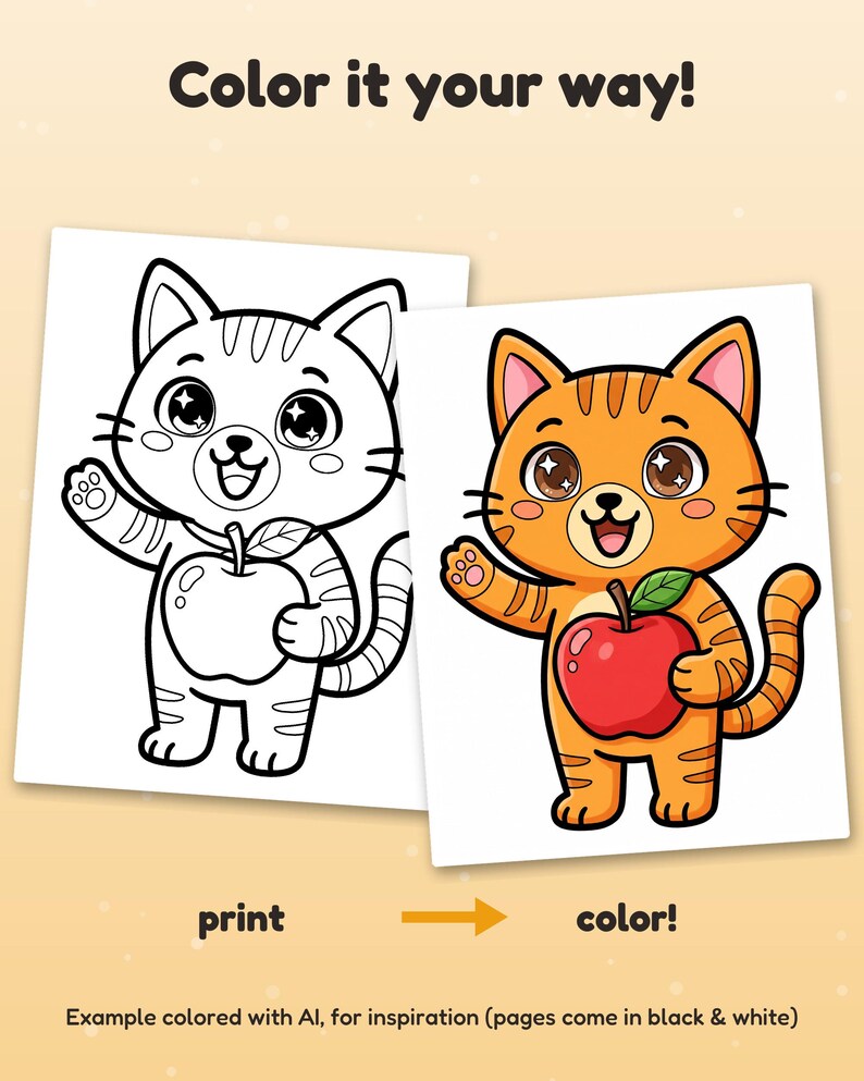 May include: Two coloring pages featuring a cartoon cat holding an apple. One page is black and white line art, the other is colored orange with a red apple. Text reads: Color it your way!, print, color!, Example colored with AI, for inspiration.