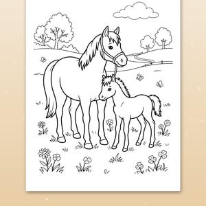 May include: A black and white colouring page featuring a horse and a foal standing in a grassy meadow with flowers, butterflies, trees, and a cloud in the background. The illustration is outlined with thick, bold lines for easy colouring.