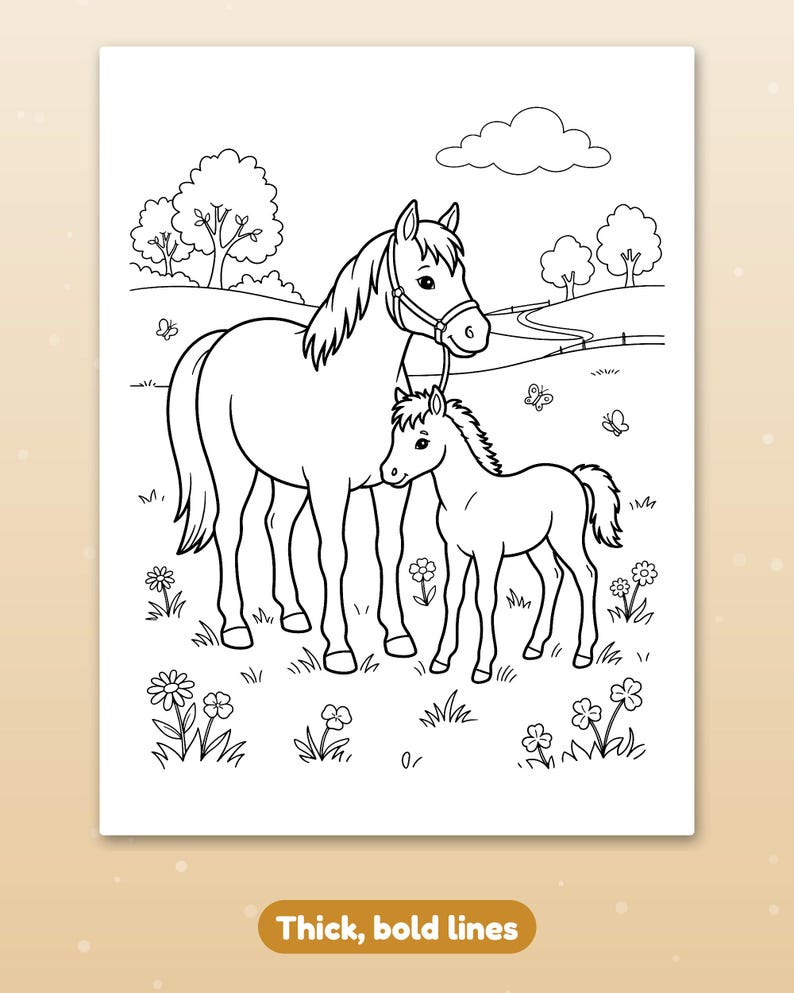 May include: A black and white colouring page featuring a horse and a foal standing in a grassy meadow with flowers, butterflies, trees, and a cloud in the background. The illustration is outlined with thick, bold lines for easy colouring.
