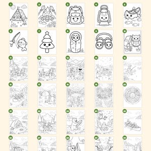 May include: A collection of 30 black and white coloring pages featuring camping themes, including tents, campfires, wildlife, and outdoor activities. The text "Everything you get: 30 pages" and "+ cover &middot; "This book belongs to" page &middot; closing page" is visible.