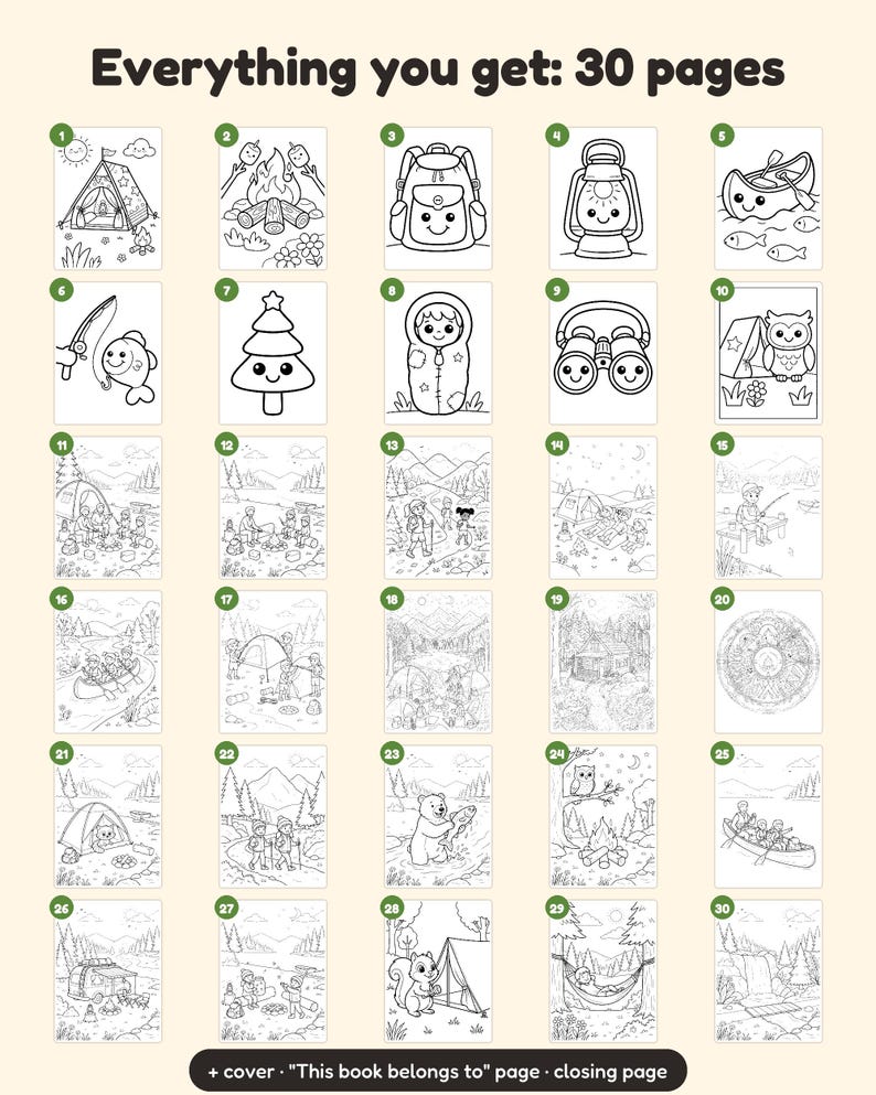 May include: A collection of 30 black and white coloring pages featuring camping themes, including tents, campfires, wildlife, and outdoor activities. The text "Everything you get: 30 pages" and "+ cover &middot; "This book belongs to" page &middot; closing page" is visible.