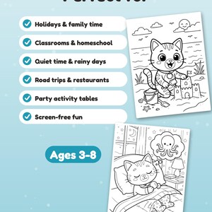 Puede incluir: Un gr&aacute;fico informativo azul claro con el texto Perfect for y Ages 3-8. Incluye seis puntos con marcas de verificaci&oacute;n y muestra dos p&aacute;ginas para colorear en blanco y negro con un gato en la playa y un gato durmiendo en la cama.