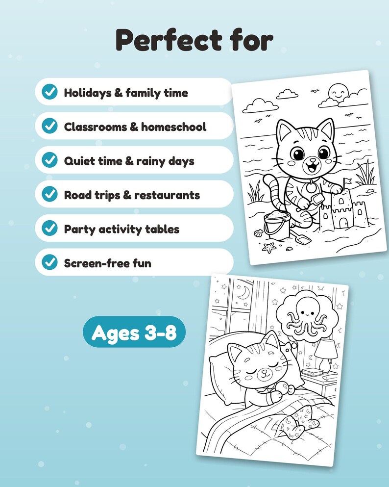 Puede incluir: Un gr&aacute;fico informativo azul claro con el texto Perfect for y Ages 3-8. Incluye seis puntos con marcas de verificaci&oacute;n y muestra dos p&aacute;ginas para colorear en blanco y negro con un gato en la playa y un gato durmiendo en la cama.