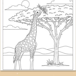 May include: A black and white coloring page featuring a giraffe with a spotted pattern standing in a savanna landscape. The giraffe is reaching up to eat leaves from a large acacia tree. The scene includes a sun, clouds, and distant hills.