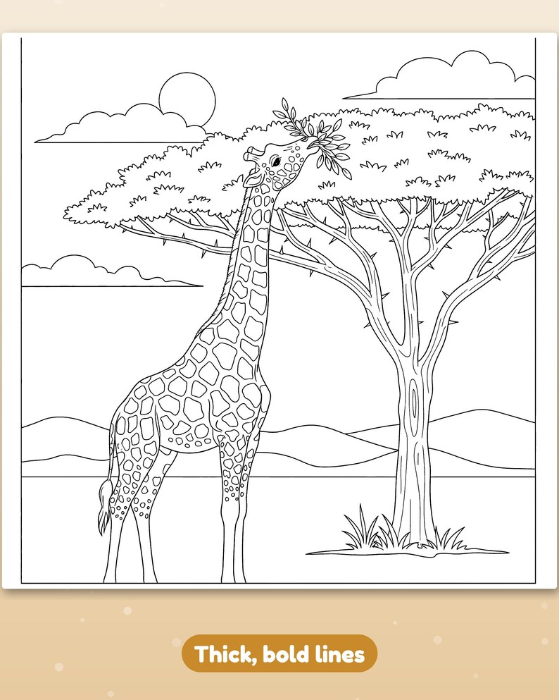 May include: A black and white coloring page featuring a giraffe with a spotted pattern standing in a savanna landscape. The giraffe is reaching up to eat leaves from a large acacia tree. The scene includes a sun, clouds, and distant hills.