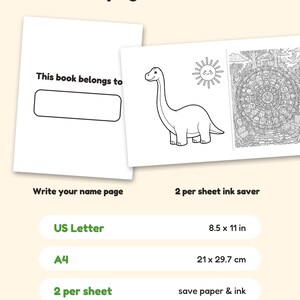 May include: A digital coloring book page set featuring a 'This book belongs to' name page, a dinosaur and sun illustration, and a detailed mandala design. Text includes 'Bonus pages & formats', 'US Letter 8.5 x 11 in', 'A4 21 x 29.7 cm', and '2 per sheet'.