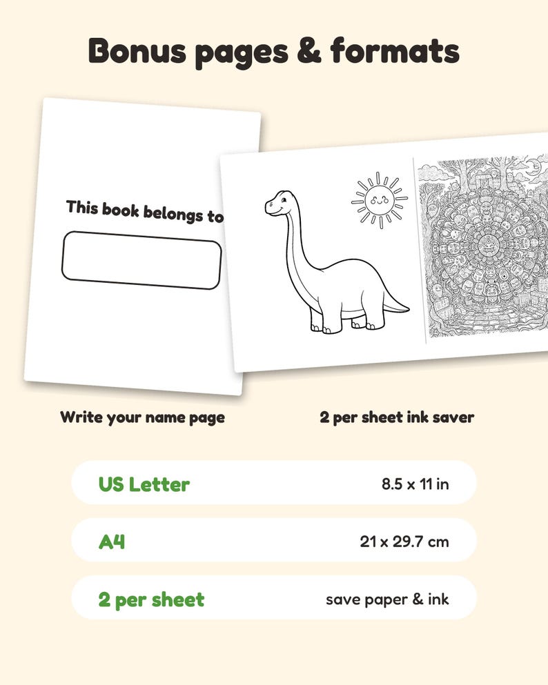 May include: A digital coloring book page set featuring a 'This book belongs to' name page, a dinosaur and sun illustration, and a detailed mandala design. Text includes 'Bonus pages & formats', 'US Letter 8.5 x 11 in', 'A4 21 x 29.7 cm', and '2 per sheet'.
