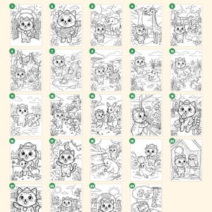 Peut inclure: Une collection de 24 pages de coloriage en noir et blanc repr&eacute;sentant un personnage de chat de dessin anim&eacute; visitant un zoo. Chaque page est num&eacute;rot&eacute;e et montre le chat interagissant avec divers animaux. Le texte indique Everything you get: 24 pages.