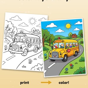 K&ouml;nnte beinhalten: Eine Malvorlage mit einem Schulbus auf einer Stra&szlig;e mit B&auml;umen, Wolken und einer Sonne. Der Text lautet: Color it your way! print color! Example colored with AI, for inspiration (pages come in black & white). Der Bus hat ein Stoppschild.