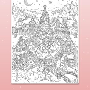 May include: A black and white colouring page featuring a festive winter village scene with a large decorated Christmas tree, a group of carolers, a horse-drawn sleigh, a frozen pond with skaters, and snow-covered houses under a crescent moon.