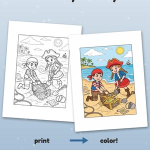 以下が含まれることがあります： 海辺で宝物を探す2人の子供の海賊のシーンが描かれた、印刷可能な塗り絵ページ2枚。上部に「Color it your way!」のテキストがあり、下部に「print」と「color!」のラベルがあります。1枚は白黒で、もう1枚はカラーです。