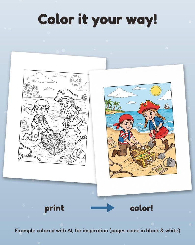 以下が含まれることがあります： 海辺で宝物を探す2人の子供の海賊のシーンが描かれた、印刷可能な塗り絵ページ2枚。上部に「Color it your way!」のテキストがあり、下部に「print」と「color!」のラベルがあります。1枚は白黒で、もう1枚はカラーです。