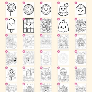 May include: A coloring book featuring 30 pages of black and white line art illustrations of sweets, desserts, and bakery scenes, including a cover and a "This book belongs to" page, presented in a grid layout with numbered icons.