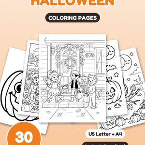 30 pagine da colorare di Halloween per bambini, libro da colorare di Halloween, zucca, fantasma, strega, pipistrello carino, PDF stampabile, download immediato immagine 1
