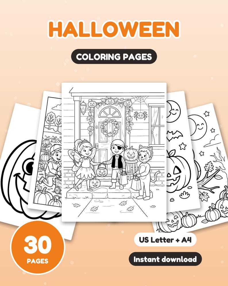 30 pagine da colorare di Halloween per bambini, libro da colorare di Halloween, zucca, fantasma, strega, pipistrello carino, PDF stampabile, download immediato immagine 1