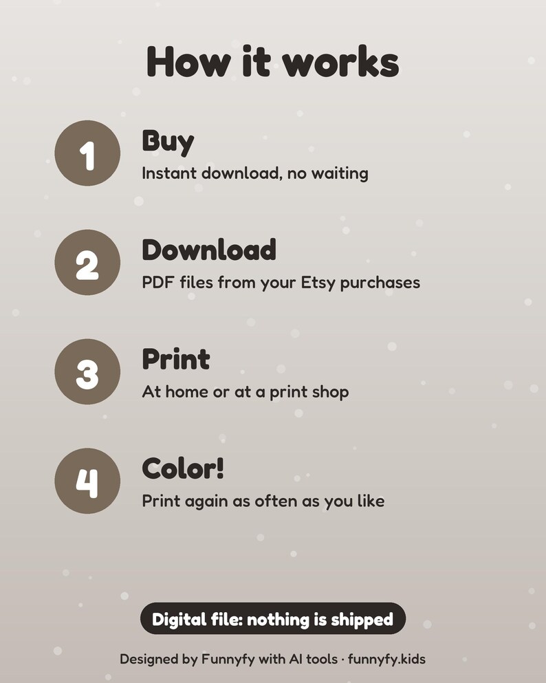 Peut inclure: Un graphique informatif intitul&eacute; How it works, d&eacute;taillant quatre &eacute;tapes : 1 Buy, t&eacute;l&eacute;chargement instantan&eacute; ; 2 Download, fichiers PDF depuis vos achats Etsy ; 3 Print, &agrave; la maison ou en imprimerie ; 4 Color, imprimez autant que vous voulez.