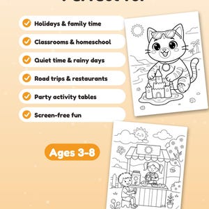 May include: Two black and white coloring pages featuring a cat building a sandcastle and children at a lemonade stand. Text includes "Perfect for," "Holidays & family time," "Classrooms & homeschool," "Quiet time & rainy days," "Road trips & restaurants," "Party activity tables," "Screen-free fun," and "Ages 3-8."