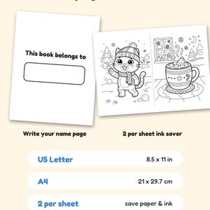May include: A digital coloring book page set featuring a 'This book belongs to' name page and a winter-themed sheet with a cat and a mug of cocoa. Includes US Letter 8.5 x 11 in and A4 21 x 29.7 cm formats for printing options.