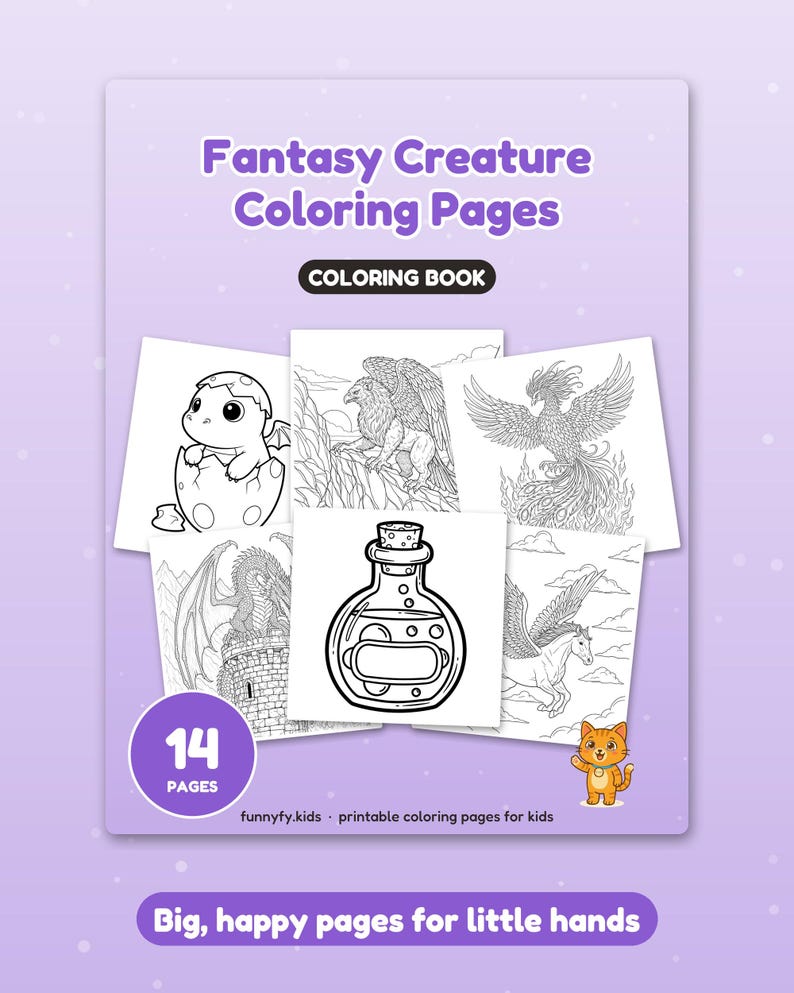 Peut inclure: Un livre de coloriage intitul&eacute; Fantasy Creature Coloring Pages contenant 14 pages d'illustrations au trait, dont un dragon dans un &oelig;uf, un griffon, un ph&eacute;nix, une fiole, un dragon sur une tour et un cheval ail&eacute; avec un petit chat orange.
