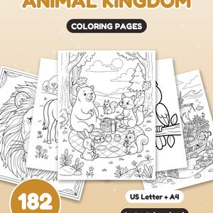 May include: A collection of Animal Kingdom colouring pages featuring 182 pages in US Letter and A4 sizes. The sheets display black and white line art of a bear, squirrel, and fox having a picnic, a lion, and a pirate ship with sea creatures.