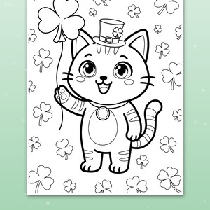 May include: A black and white coloring page featuring a cartoon cat wearing a top hat with a shamrock, holding a four-leaf clover balloon. The background is filled with scattered shamrocks, all outlined with thick, bold lines.