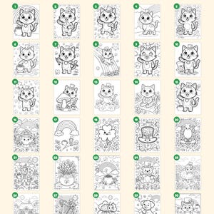 May include: A collection of 30 black and white coloring pages featuring cartoon cats, leprechauns, rainbows, shamrocks, and pots of gold. The text Everything you get: 30 pages is at the top, with a cover and closing page included below.