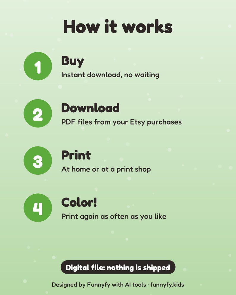 May include: A light green informational graphic titled How it works, listing four steps: 1 Buy, 2 Download PDF files, 3 Print at home or a shop, and 4 Color. Includes a Digital file: nothing is shipped notice and text by Funnyfy with AI tools.