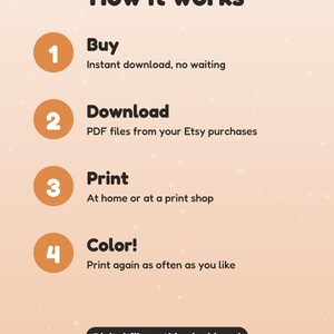 May include: An instructional graphic on a light peach background titled How it works. It lists four steps: 1 Buy, 2 Download, 3 Print, and 4 Color, with brief text for each. A black button states Digital file: nothing is shipped.
