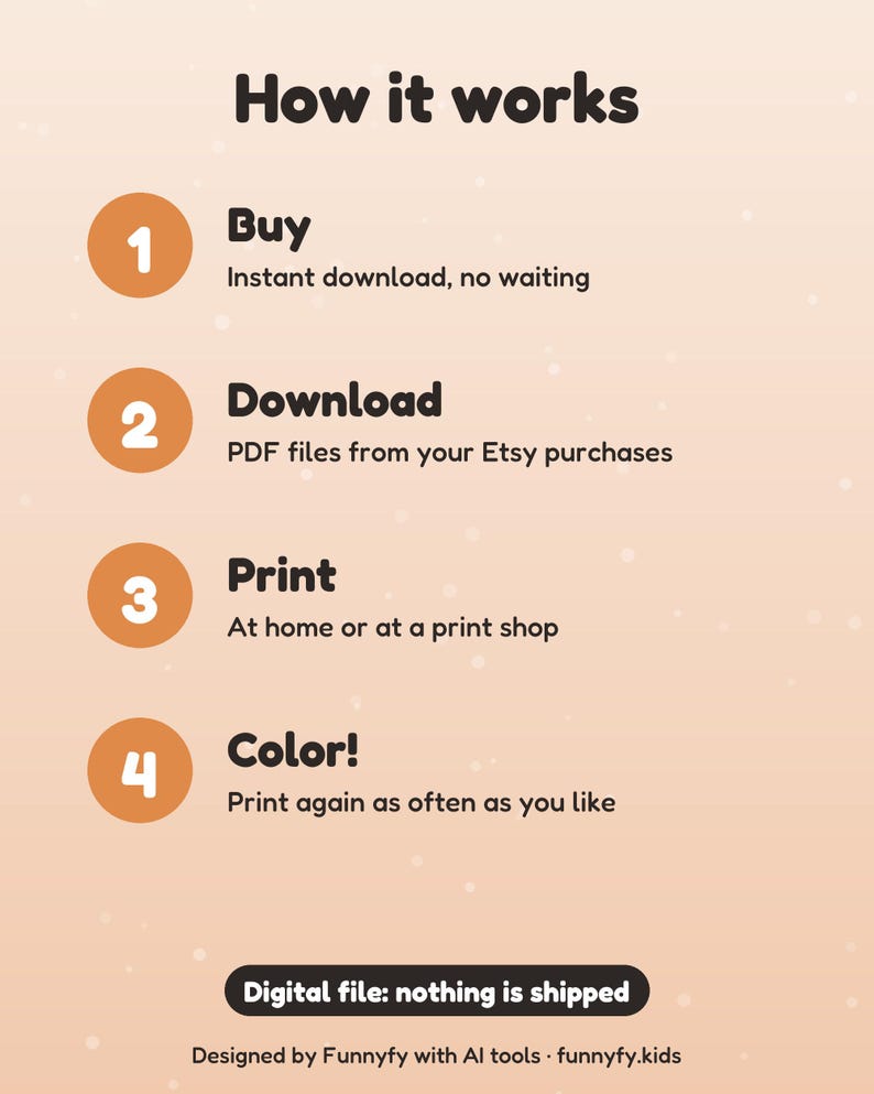 May include: An instructional graphic on a light peach background titled How it works. It lists four steps: 1 Buy, 2 Download, 3 Print, and 4 Color, with brief text for each. A black button states Digital file: nothing is shipped.
