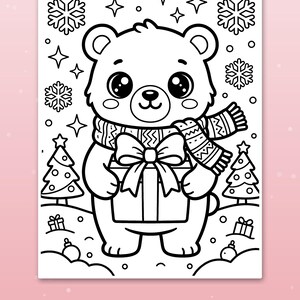 May include: A black and white coloring page featuring a cartoon bear wearing a patterned scarf and holding a gift box with a large bow. The background includes two small Christmas trees, snowflakes, stars, and ornaments. The text reads Thick, bold lines.