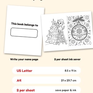 May include: A digital coloring book page set featuring a 'This book belongs to' name page and a '2 per sheet ink saver' page with a cat decorating a Christmas tree and a large ornament. Includes US Letter 8.5 x 11 in and A4 21 x 29.7 cm formats.