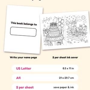 May include: A digital coloring book page set featuring a 'This book belongs to' name page and a birthday party scene with a cake, balloons, and animals. Includes US Letter 8.5 x 11 in and 2 per sheet ink saver formats for printing.