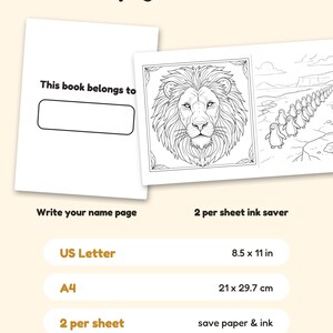 May include: A digital coloring book page set featuring a name entry sheet and a two-per-sheet layout with a lion portrait and a penguin line. Text includes Bonus pages & formats, This book belongs to, US Letter 8.5 x 11 in, A4 21 x 29.7 cm.