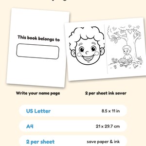 May include: Bonus pages and formats for a colouring book. One page features the text This book belongs to with a blank box. Another page shows a child's face and a child reading under a tree. Includes US Letter 8.5 x 11 in and A4 21 x 29.7 cm.