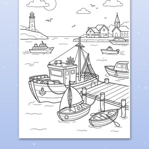 May include: A black and white colouring page featuring a harbour scene with a large fishing boat docked at a wooden pier, a small sailboat, a rowboat with oars, several motorboats, a lighthouse on a rocky cliff, and a coastal village.