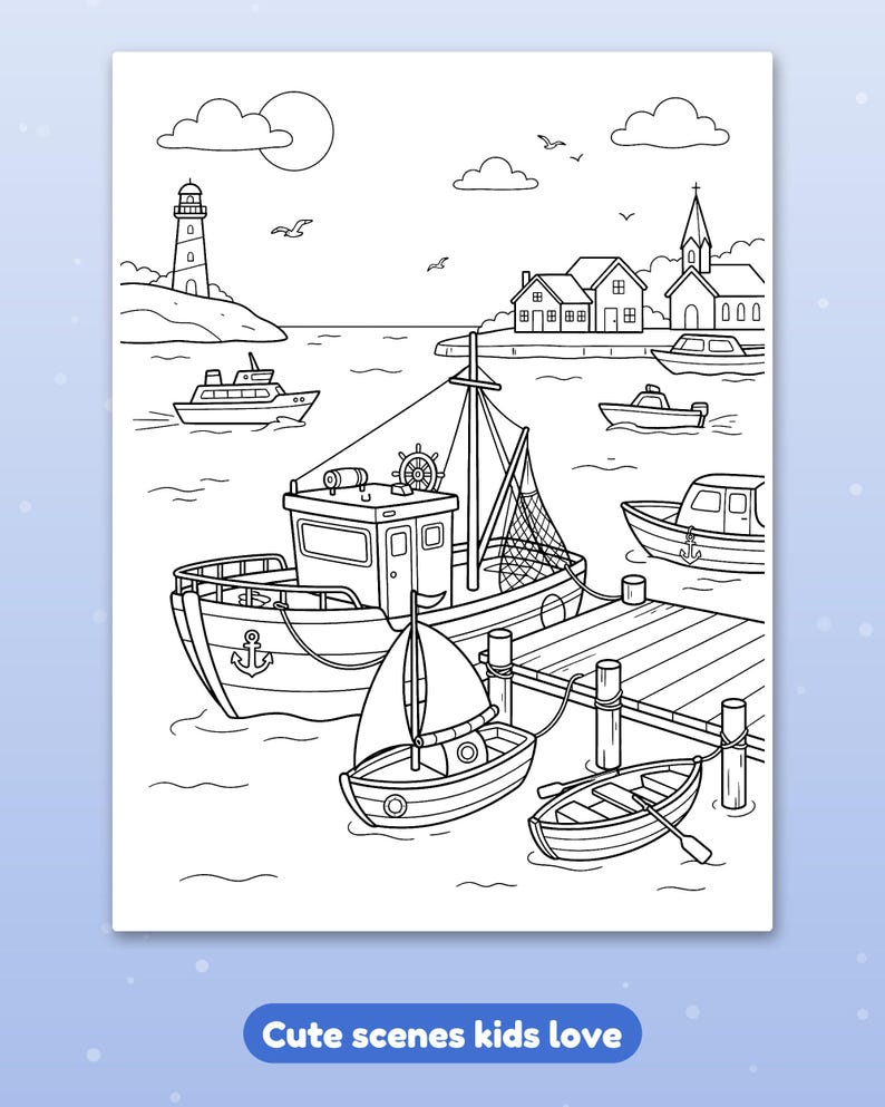 May include: A black and white colouring page featuring a harbour scene with a large fishing boat docked at a wooden pier, a small sailboat, a rowboat with oars, several motorboats, a lighthouse on a rocky cliff, and a coastal village.