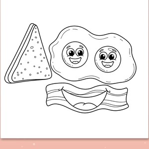 May include: A black and white coloring page featuring a triangular piece of toast with small dots, two fried eggs with smiling faces, and a strip of bacon with a wide, happy mouth. The text at the bottom reads, Thick, bold lines.