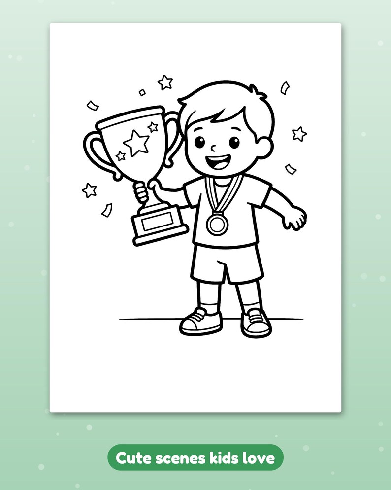 May include: A black and white coloring page featuring a smiling child holding a large trophy and wearing a medal around their neck. The illustration includes stars and confetti shapes in the background, with the text Cute scenes kids love.
