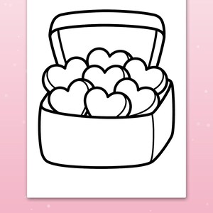 May include: A black and white line art coloring page featuring an open rectangular box filled with seven heart-shaped objects. The illustration is defined by thick, bold lines and includes the text "Thick, bold lines" at the bottom.