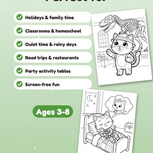 May include: A coloring book page set featuring two illustrations. One shows a cat explorer in a museum with a dinosaur skeleton. The other shows a cat sleeping in bed dreaming of a crown. Text includes Perfect for, Ages 3-8, and activity lists.