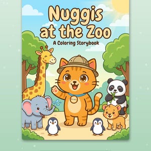 Peut inclure: Un livre de coloriage intitul&eacute; Nuggis at the Zoo repr&eacute;sentant un chat orange portant un chapeau de safari et un collier bleu. L'illustration de couverture inclut une girafe, un &eacute;l&eacute;phant, un panda, un lionceau et deux manchots dans un parc.