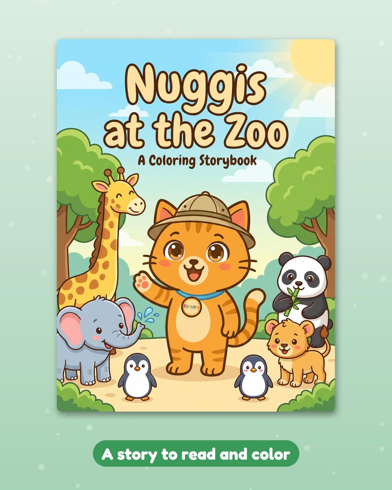 Peut inclure: Un livre de coloriage intitul&eacute; Nuggis at the Zoo repr&eacute;sentant un chat orange portant un chapeau de safari et un collier bleu. L'illustration de couverture inclut une girafe, un &eacute;l&eacute;phant, un panda, un lionceau et deux manchots dans un parc.